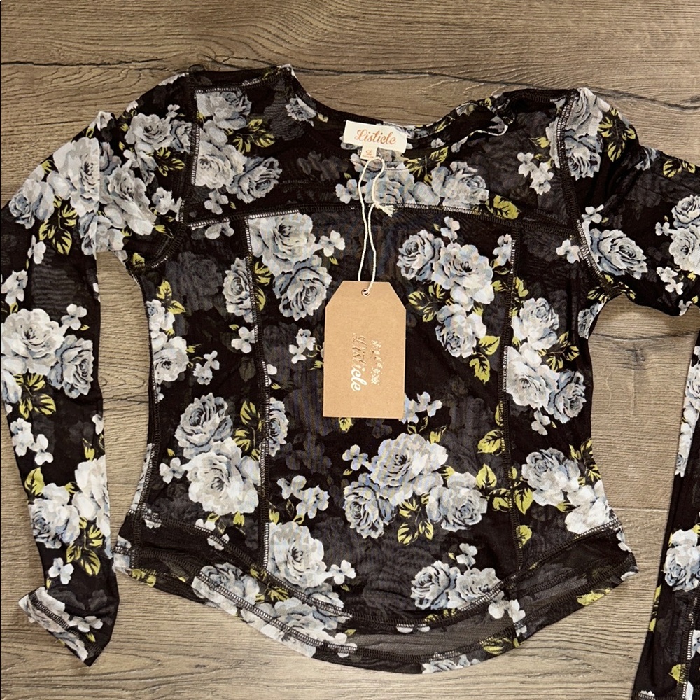 Listicle Brown Floral Mesh Long Sleeve Cropped Top with Gray and Green Roses
